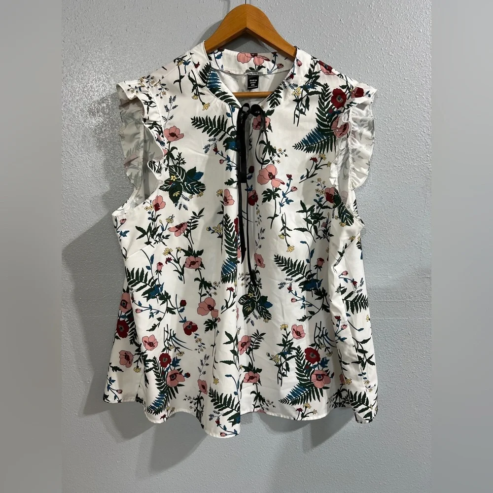 SHEIN Floral Ruffle Blouse - White, Pink, Green winged sleeve 4x - Picture 1 of 4
